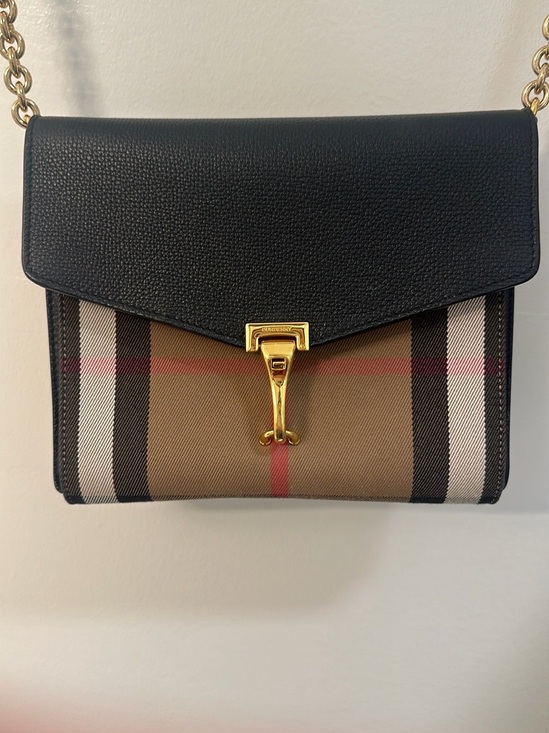Burberry Handbags - Burberry Black Leather & Beige Check Crossbody with Gold Hardware